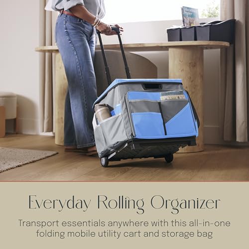 Folding Mobile Utility Cart, Canvas Organizer Bag, Blue/Grey | Durable plastic, 30 compartments, adjustable handle, 40 lb capacity, collapses to 3" thick, rolling wheels for easy transport - color: Blue/Grey