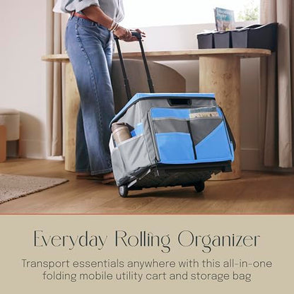 Folding Mobile Utility Cart, Canvas Organizer Bag, Blue/Grey | Durable plastic, 30 compartments, adjustable handle, 40 lb capacity, collapses to 3" thick, rolling wheels for easy transport - color: Blue/Grey
