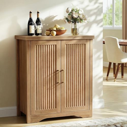 Fluted Sideboard Buffet Cabinet with Storage 29.84",Natural Oak | Sideboard Cabinet Modern Credenza with Doors & Adjustable Shelves Modular Coffee Bar Media Console for Dining Room Entryway - color: Wood, size: 1 Piece