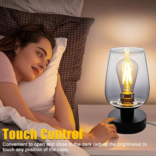 INVGOOD 3 Way Dimmable Touch Bedside Table Lamp, Black Glass Small Desk Lamp with Three Charging Ports for Bedroom Living Room Nightstand, 800LM LED Warm White Bulb Included - color: Black