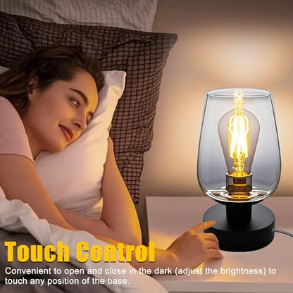 INVGOOD 3 Way Dimmable Touch Bedside Table Lamp, Black Glass Small Desk Lamp with Three Charging Ports for Bedroom Living Room Nightstand, 800LM LED Warm White Bulb Included - color: Black