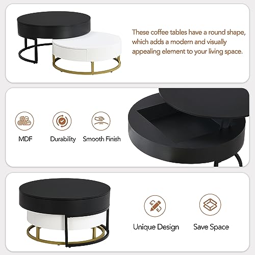 Modern Round Lift-top Nesting Coffee Tables with 2 Drawers for Living Room White & Black - color: White+black