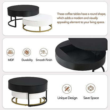 Modern Round Lift-top Nesting Coffee Tables with 2 Drawers for Living Room White & Black - color: White+black