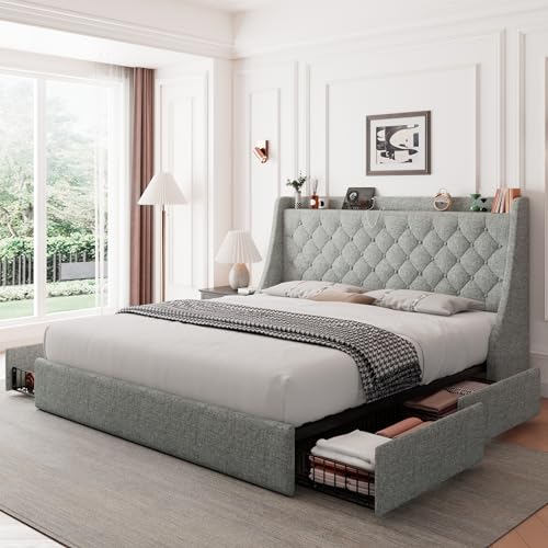 Feonase King Size Bed Frame with 4 Storage Drawers, Storage Bed with Charging Station, Tufted Wingback Headboard, No Box Spring Needed, Light Grey - color: Light Grey, size: King