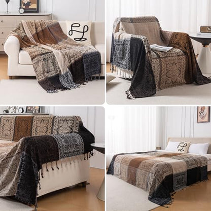 Boho Throw Blanket, Chenille Jacquard Tassels Throw Blankets for Bed Couch Soft Chair， Bohemian Fringe Tassels (Black, Large 86 * 102Inches) - color: Black, size: Large (86 x 102 in)
