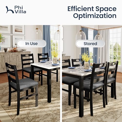 PHI VILLA Dining Table Set for 4, Marble Design Kitchen Table and Chairs | Marble Tabletop, Solid Rubber Wood, Padded Cushion Chairs, Space Saving, Easy Assembly, White Marble& Black - color: Venatino White Marble&black