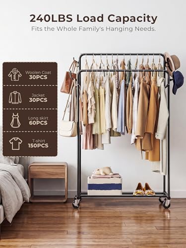 Clothes Rack, Rolling Clothing Rack with Double Rods for Hanging Clothes, Portable Garment Rack with Wheels, Metal Wardrobe Closet Organizer for Bedroom and Laundry Room
