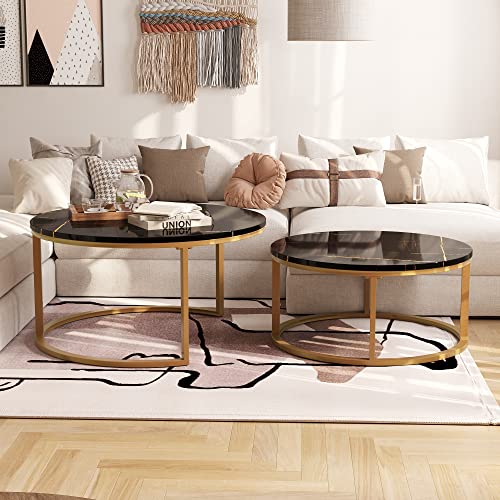 WiberWi Round Coffee Table Nesting Tables Set of 2, Large : Ø 34.0", Small : Ø 26.0", Modern Design Coffee Tables for Living Room, Gold Metal Frame Circle Cocktail Table, High Glossy Faux Black Marble - color: Black Faux Marble