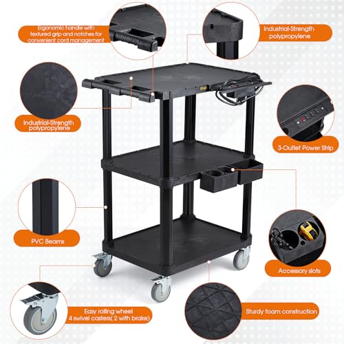 3-Tier Heavy Duty AV Cart with Power Strip, 27.5 x 18.25 in | 330 lbs Capacity, Flat Top Shelves, Industrial Rolling Cart, Swivel Wheels, AV Equipment Stand, Work Cart, Organizer - style: With Power Strip