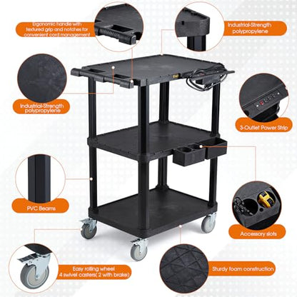 3-Tier Heavy Duty AV Cart with Power Strip, 27.5 x 18.25 in | 330 lbs Capacity, Flat Top Shelves, Industrial Rolling Cart, Swivel Wheels, AV Equipment Stand, Work Cart, Organizer - style: With Power Strip