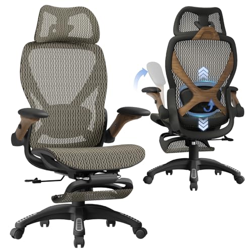 X100 Ergonomic Mesh Office Chair with Footrest, Big and Tall Home Desk Chair with 5D Flip-Up Arms, Adjustable 3D Lumbar Support, Gaming & Executive Computer Chair (Coffee Break) - color: Coffee Break