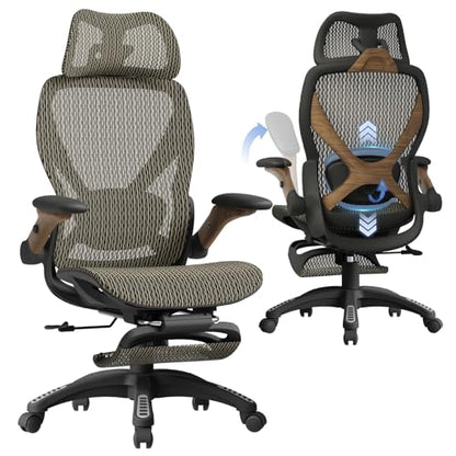 X100 Ergonomic Mesh Office Chair with Footrest, Big and Tall Home Desk Chair with 5D Flip-Up Arms, Adjustable 3D Lumbar Support, Gaming & Executive Computer Chair (Coffee Break) - color: Coffee Break
