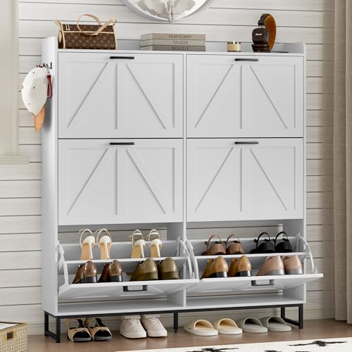 BORNOON Shoe Cabinet with 6 Flip Drawers Narrow Shoe Storage Cabinet Organizer Wooden Freestanding Shoe Rack Hidden Slim Shoes Storage Cabinet for Entryway, Hallway, Living Room, Bedroom - color: White, size: 6-Drawer
