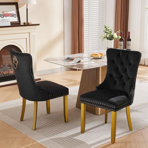 KEIKI Upholstered Mid-Century Velvet Dining Chair, Tufted Accent Seat | with Golden Solid Wood Legs for Dining Room Kitchen Room, Black - color: Black