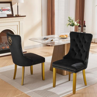 KEIKI Upholstered Mid-Century Velvet Dining Chair, Tufted Accent Seat | with Golden Solid Wood Legs for Dining Room Kitchen Room, Black - color: Black