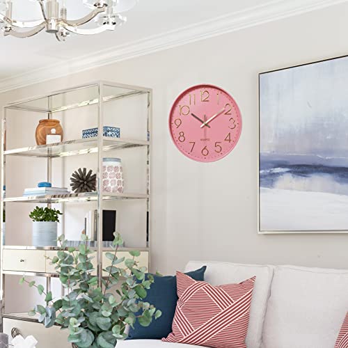 12 in Wall Clock Non-Ticking Quartz Silent Battery Operated Round Clocks Home Kitchen Office School Living Room Decor Clocks (Pink-Rose) - color: Pink-rose
