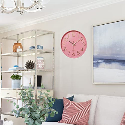 12 in Wall Clock Non-Ticking Quartz Silent Battery Operated Round Clocks Home Kitchen Office School Living Room Decor Clocks (Pink-Rose) - color: Pink-rose