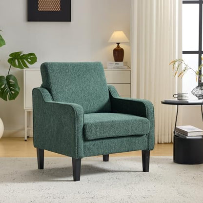 VINGLI Upholstered Chenille Accent Chair for Living Room, Bedroom, Mid-Century Modern Arm Chair Comfy Reading Chair with Scooped Arms (1, Dark Green) - color: Dark Green