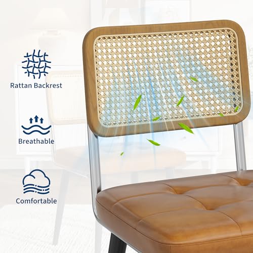 Garvee Rattan Dining Chairs Set of 6, Upholstered Dining Room Chairs with Rattan Backrest, Armless Side Chairs for Kitchen Living Room, Restaurant, PU Leather, Brown | Upholstered Kitchen Chairs with Rattan Backrest, Armless Side Chairs for Kitchen, Livin