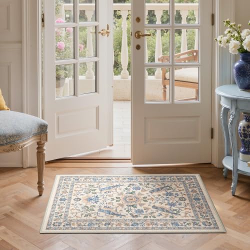 GENIMO 2X4 Blue Ivory Runner Rug for Kitchen, Washable Non Slip | Blue Ivory Botanical Bird Runner for Kitchen and Entryway, Soft Low Pile Polyester Rug, Easy Care, Non-Shedding - color: Blue Ivory, size: 2' x 4' (Rectangular)