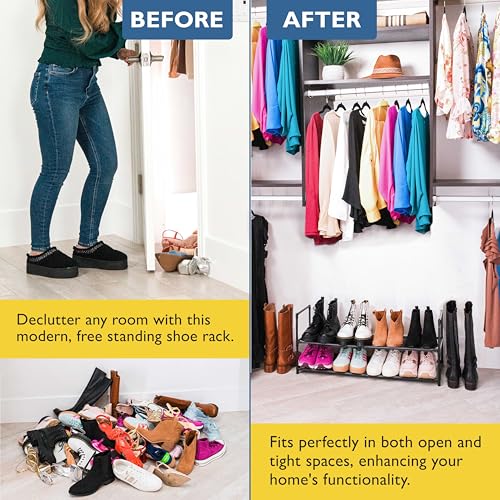 Sundaze Shoe Rack - 2 Tier Shoe Rack for Front Door Entrance, Sturdy Long Shoe Organizer for Closet, Bedroom, Entryway, Garage, Non Woven Fabric Shelf, Black, Holds Up to 10 Pairs - size: 2 Tier (34.3" W)