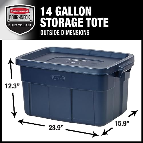 Rubbermaid Roughneck Tote 14 Gal, 6 Pack, Made in USA, Dark Indigo Metallic, Rugged Plastic Stackable Storage Bins with Lids and Handles - size: 14 Gal - 6 Pack