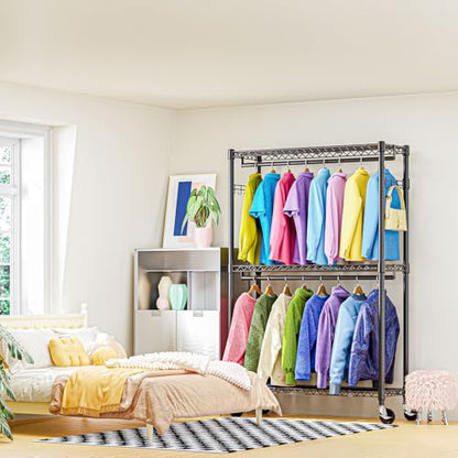 M MZG Heavy Duty Rolling Garment Rack 3 Tiers Adjustable Wire Shelving Clothes Rack with 2 Rods and Side Hooks,Storage Closet Clothing Rack with Wheels Black 15.7" D x 45.3" W x 79.6" H - color: Black, size: 3 Tier and 2 Rod 15.7"D x 45.3"W x 79.6"H