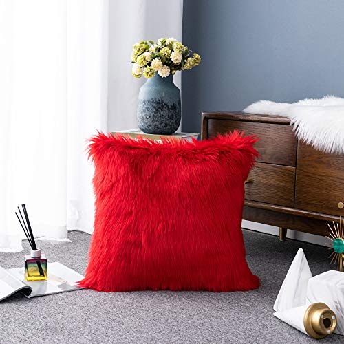 LIGICKY Luxury Series Soft Faux Fur Throw Pillow Cover Decorative Square Plush Pillow Case Cushion Cover for Couch Sofa Bed, 16" x 16" Red - color: Red, size: 16" x 16" (Pack of 1)
