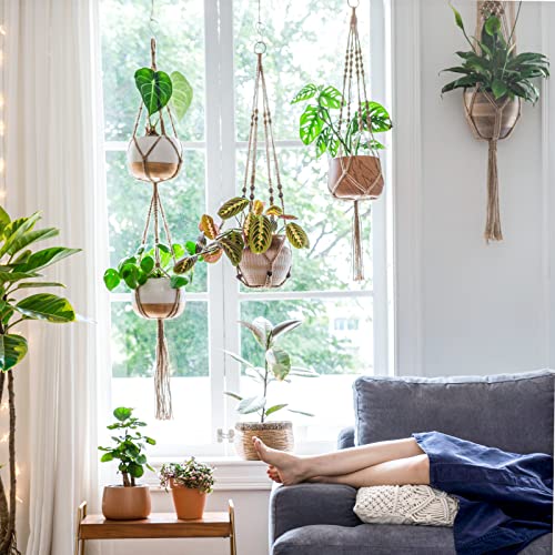 Mkono Macrame Plant Hangers Indoor Set of 4 Hanging Planter Basket Brown | Wall Decorative Hanging Flower Pot Holder for Plants 35"-55" Length, Jute Rope, with 4 Hook, Boho Home Decor & Aesthetics - color: Brown