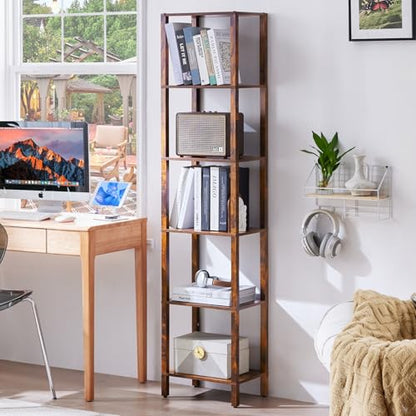 YUFAM 6-Tier Tall Narrow Bookcase, Small Bookshelf for Small Space, Brown - color: Brown, size: 6-Tier
