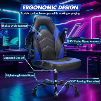 Sweetcrispy Computer Desk Chair, Lumbar Support Video Game Chair PU Leather | PU Leather Flip-up Armrest, Height Adjustable, 360 Swivel for Adults, Black Blue - color: Black Blue