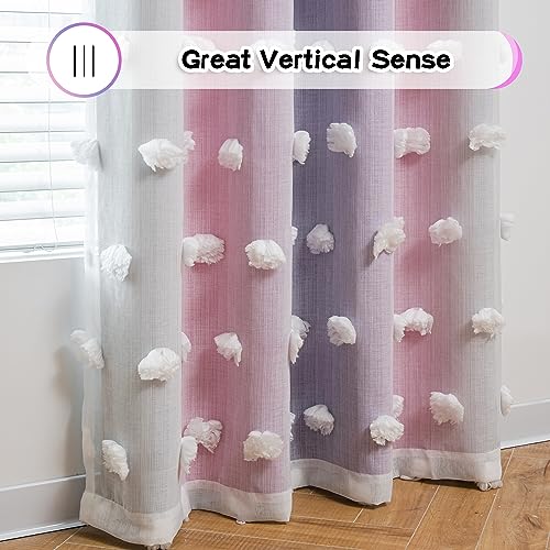 MYSKY HOME Pink Purple Curtains for Girls Bedroom - 54 Inch Long White Pom Pom Sheer Small Double Layer Grommet Room Darkening Nursery Curtains, 52 X 54 in - color: Pink Purple, size: 52"W x 54"L (Pack of 2)