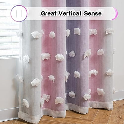 MYSKY HOME Pink Purple Curtains for Girls Bedroom - 54 Inch Long White Pom Pom Sheer Small Double Layer Grommet Room Darkening Nursery Curtains, 52 X 54 in - color: Pink Purple, size: 52"W x 54"L (Pack of 2)