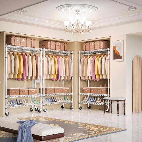 M MZG Heavy Duty Rolling Garment Rack 3 Tiers Adjustable Wire Shelving Clothes Rack with Rods and Side Hooks,Storage Closet Clothing Rack with Wheels Chrome 17.7" D x 47.2" W x 83.6" H - color: Chrome, size: 3 Tier with 1 rod, 17.7"D x 47.2"W x 83.6"H