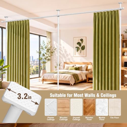 AKTOP Extra Long Room Divider Curtain Rod, No Drill Tension Rod, White | Adjustable 3.5-11ft(H) x 42-233"(W), Heavy Duty Floor-to-Ceiling Design for Stability, Damage-Free Setup, Large Space Privacy - color: White