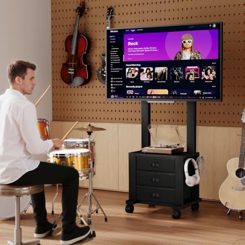 Rolling TV Stand with 3 Drawers for 23-60 Inch TVs with Storage | Hidden Storage, Height Adjustable Tilt Mount, Lockable Wheels, Dual Steel Frame, VESA Compatible for Bedroom & Living Room - size: 3 Drawers