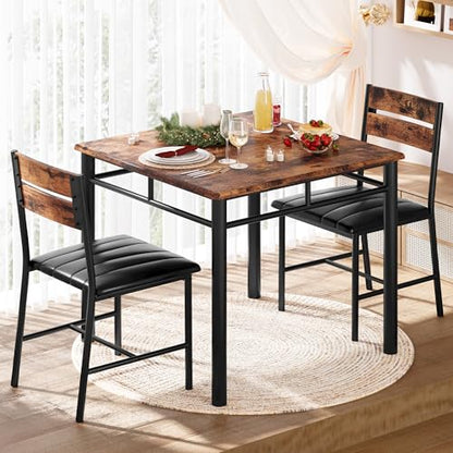 IRONCK Dining Table Set for 2, Rustic Brown | Small Kitchen Table with Upholstered Chairs, Compact Dining Set for Small Spaces, Kitchen & Dining Room - color: Rustic Brown
