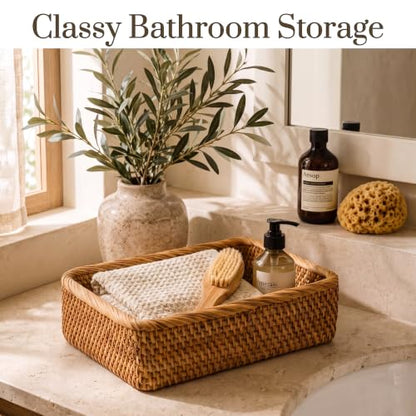 Yangqihome Natural Rattan Storage Baskets, Rectangular Woven Fruit Baskets, Decorative Wicker Basket Large Baskets for Organizing (L) - size: L