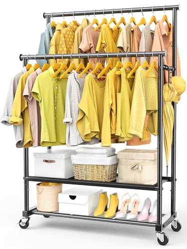 Rolling Clothes Rack with Doule Rod for Hanging, Heavy Duty Metal Garment Rack Load 450 LBS with Lockable Wheel, Free Standng Clothing Rack with 2 Shelves and Side Hooks for Home Commercial, Black - color: Black
