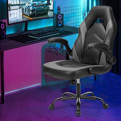 Sweetcrispy Computer Gaming Desk Chair - Ergonomic PU Leather with Comfy Lumbar Support, Height Adjustable Rolling Desk with Flip-up Armrests, for Home and Office - color: Grey