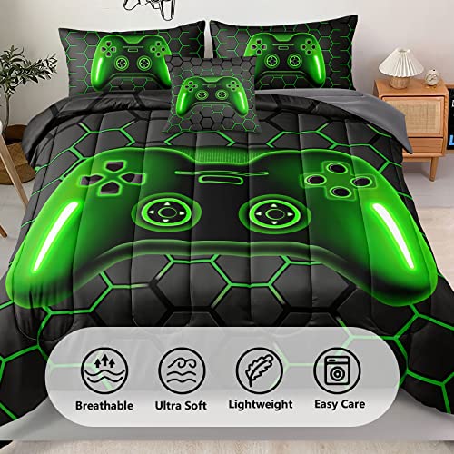 6 Pieces Gaming Bedding Set Full Size for Boys Gamer Comforter Set for Boys Girls Kids Teens 6 Piece Bed in A Bag Video Game Bedding for Gamer Room Decorative Full47 - color: Green, size: Full