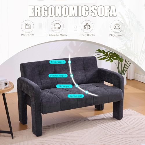46.8" Modern Compact Loveseat, Chenille Upholstered Sofa with Dual Armrests - Small Two-Seater Lounge Couch for Small Spaces, Living Rooms, Bedrooms (Black) - color: Black