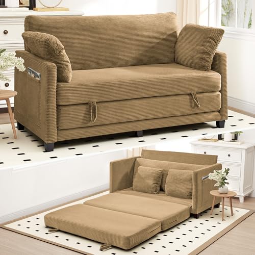Myroyalsit 65" Convertible Loveseat Sofa Bed, 2-in-1 Folding Sofa Bed with 2 Pillow for Small Spaces, Modern Loveseat Sleeper Couch for Apartment, Living Room & Guest Room (Brown Corduroy, 65 inch) - color: Brown, size: 65"