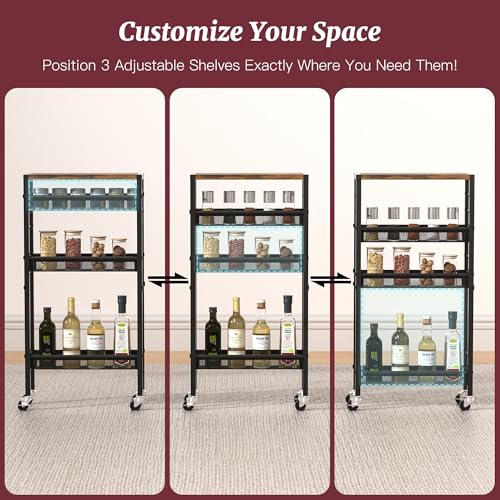 Slim Rolling Cart, 4-Tier Narrow Kitchen Storage Cart, Slim Utility Cart on Wheel, Skinny Bathroom storage cart with Wood Tabletop, 6.0" Deep, For Kitchen, Dining Room, Living Room, Laundry Room