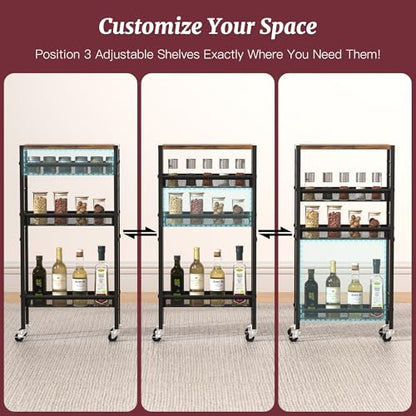 Slim Rolling Cart, 4-Tier Narrow Kitchen Storage Cart, Slim Utility Cart on Wheel, Skinny Bathroom storage cart with Wood Tabletop, 6.0" Deep, For Kitchen, Dining Room, Living Room, Laundry Room