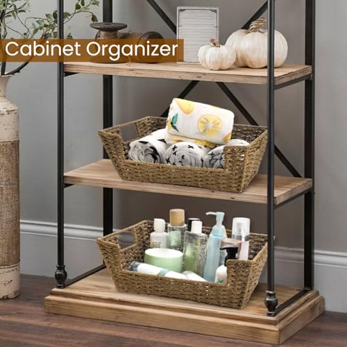 2 Pack Open Front Storage Baskets, Built-in Handles | Brown Paper Rope Woven Basket, 13''L x 10''W x 5''H Pantry Organzier Bins for Shelf, Bedroom, Pantry