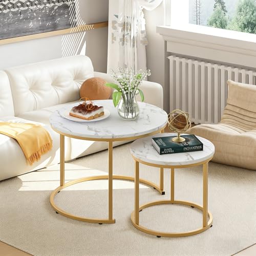 aboxoo Coffee Table Nesting White Set of 2 Side Set Golden Frame Circular Round and Marble Pattern Wooden Tables, Living Room Bedroom Apartment Modern Industrial Simple Nightstand - color: Gold White