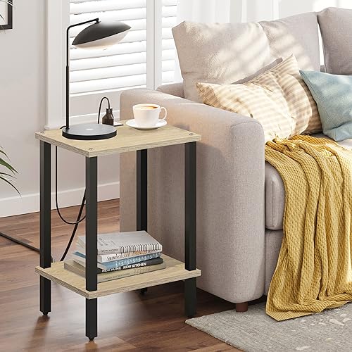 TUTOTAK End Table with Charging Station, Side Table Set of 2, Nightstand | 2-Tier Storage Shelf, Bedside Table with USB Ports, Sofa Table for Small Space, Livingroom, Bedroom Oak TB01BO041 - color: Oak