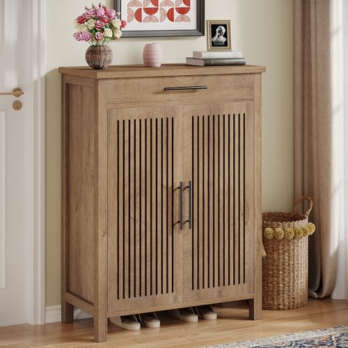 Tribesigns 5-Tier Shoe Storage Cabinet with Adjustable Shelves, Natural | Louvered Doors and Drawer, Freestanding Wooden Shoe Rack, For Entryway, Hallway, Closet - color: Natural