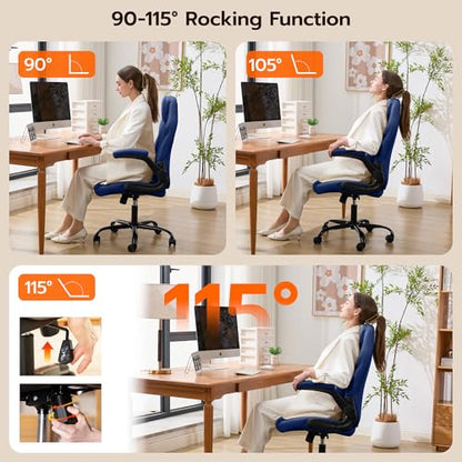 Ylzyxal Office Desk Chair, Ergonomic Computer Chair with Padded Flip-Up Arms and Adjustable Lumbar Support, PU Leather Executive Chair with Tilt Lock and 360° Swivel Rolling Wheels for Work, Study - color: Blue